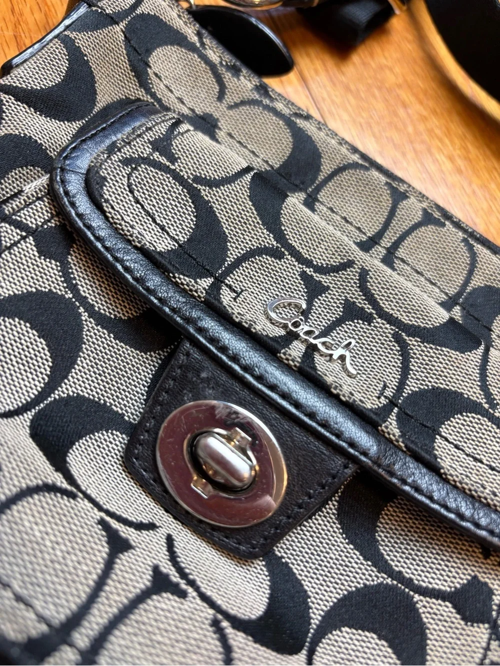 Coach Black and Tan Signature Crossbody with Turn-Lock Pocket - Picture 9 of 11